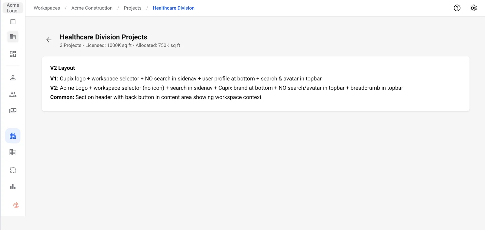 Option 2 prototype with breadcrumbs and unified search